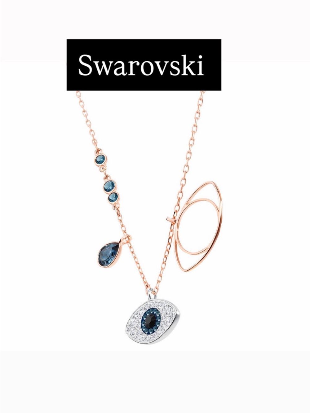 Swarovski Rose Gold & Blue Crystal Evil Eye Pendant Necklace NWT